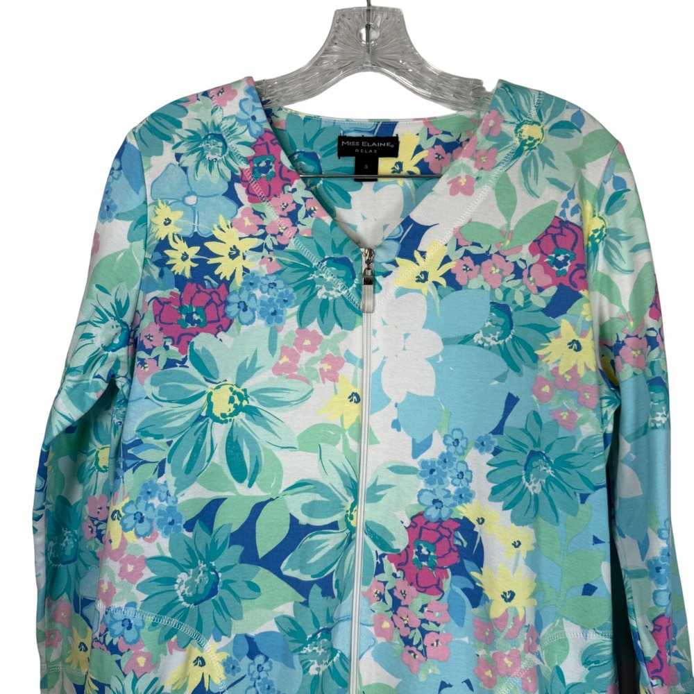 Miss Elaine Relax Womens Floral Zip Up Robe Lounger Size S Pockets Blue Green